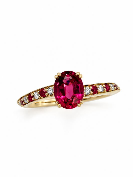 Mahenge spinel and diamond Torsion ring in 18ct yellow gold, view 2